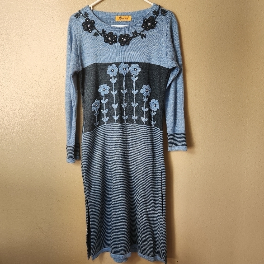 Gaarvi Blue/Gray Stripe Floral Long Sleeve Wool Blend Midi Dress-Size M